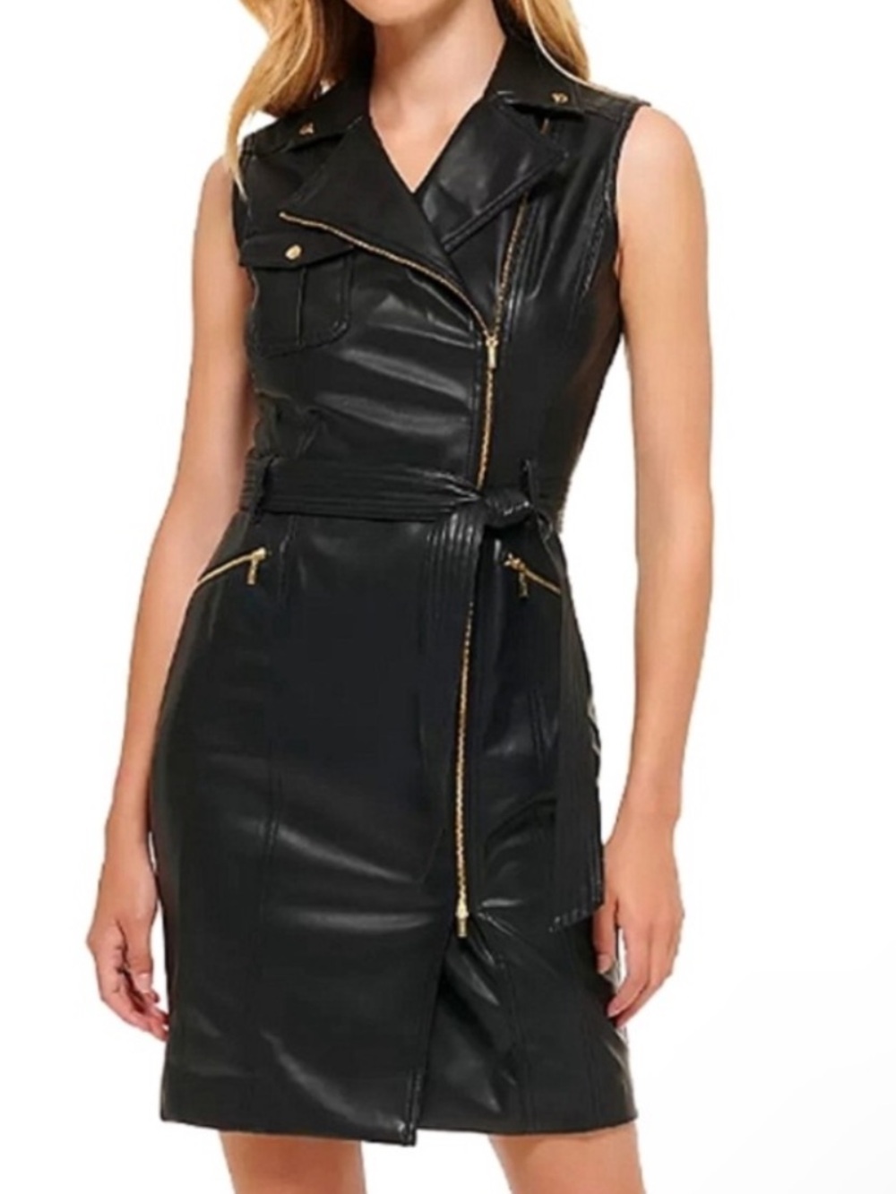NWT Calvin Klein Black Faux Leather Moto Belted Dress Size 8